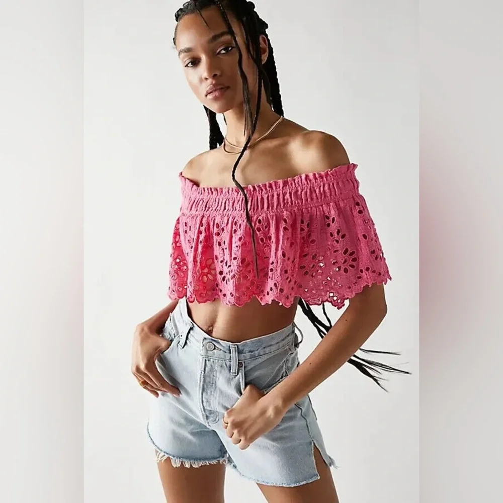 Free People One Hot Pink Eyelet Lace Perla Top size M